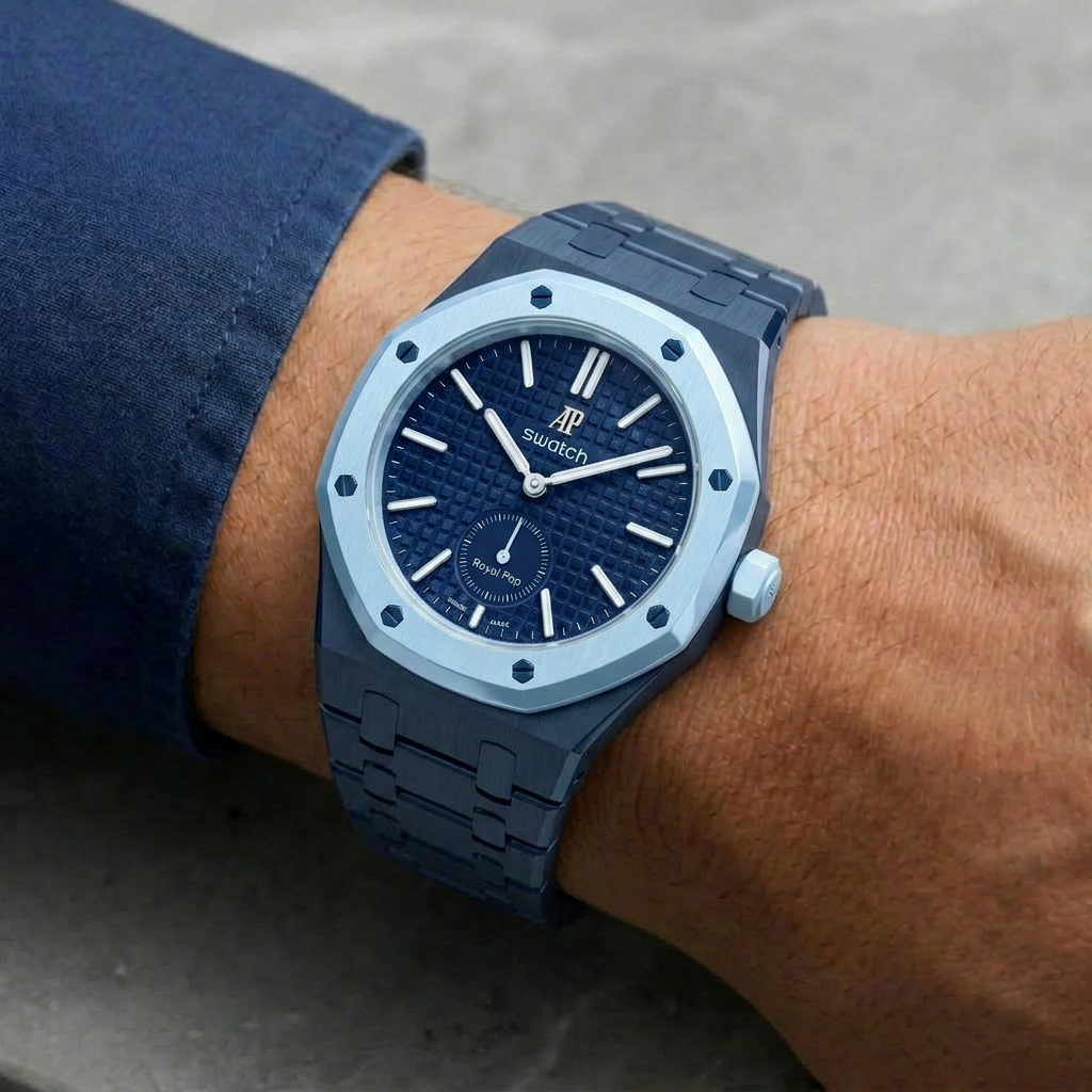 Royal Pop blue ceramic watch on wrist